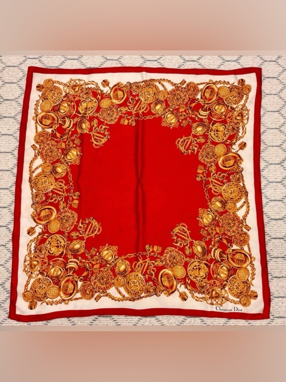 DIOR Rare Vintage Collectors 100% Silk Red Gold Chain Charm Medallion Scarf